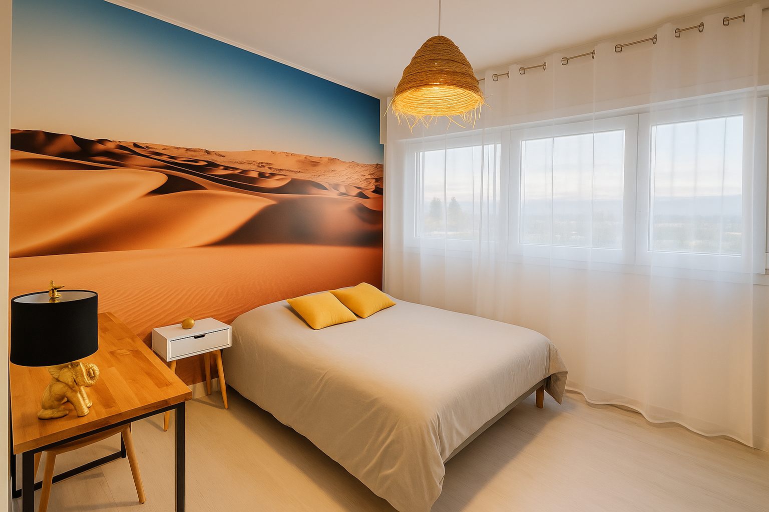 Chambre rénovée avec décor mural désert