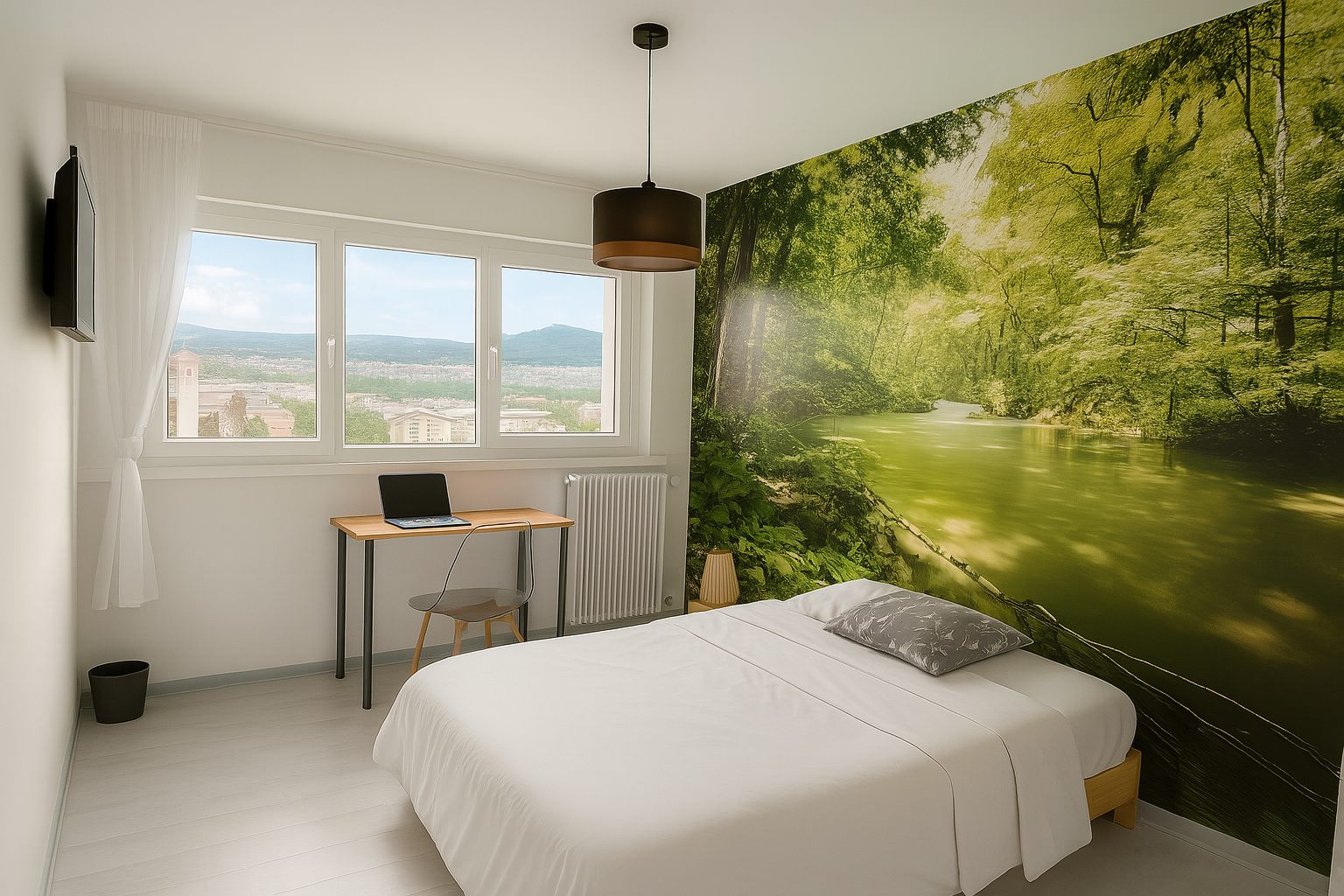 Chambre rénovée avec décor mural végétal