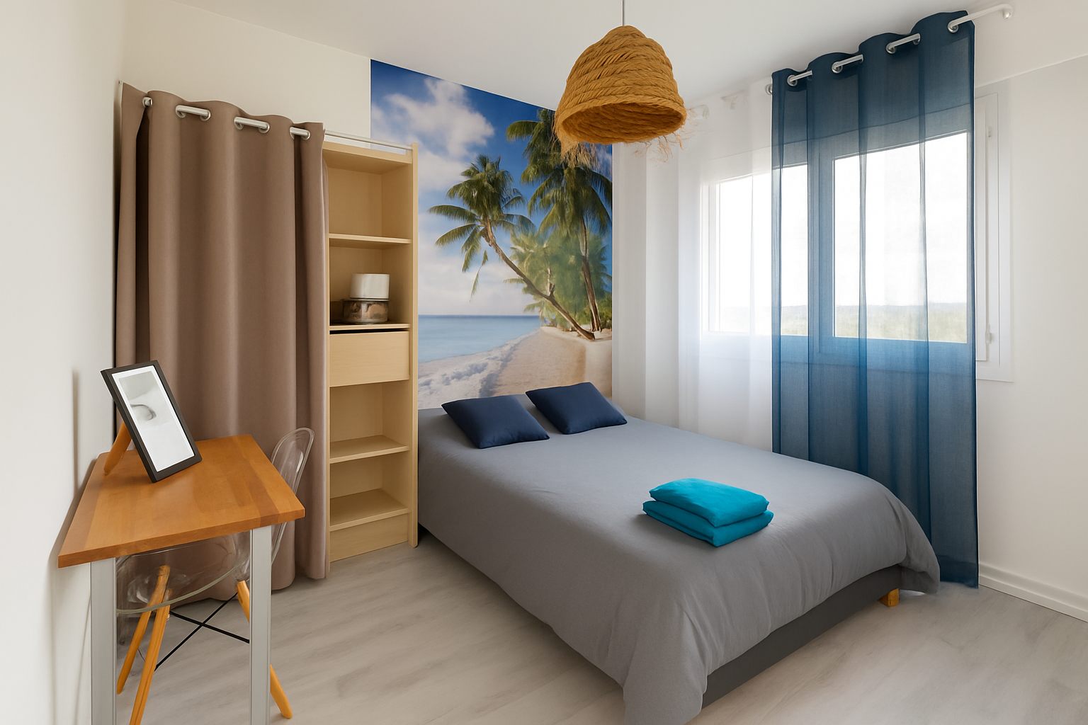 Chambre rénovée avec espace bureau