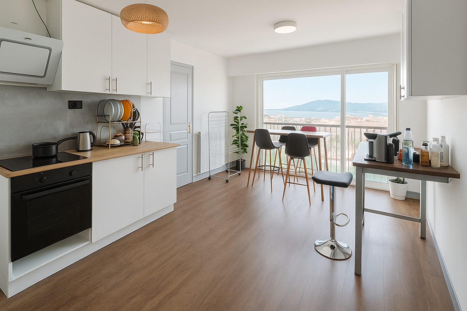 Cuisine et espace commun d'un appartement transformé en coliving